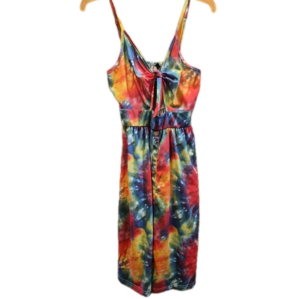 Tie Dye Strappy Short Dress M With Pockets Buttons And Cut Out Front Festival